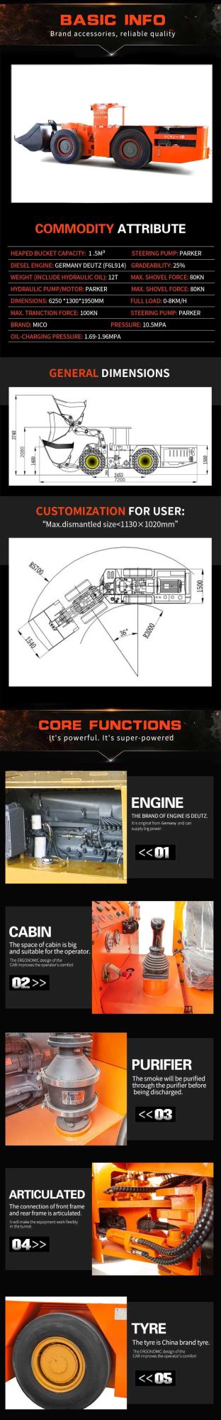 Diesel Mining underground hydraulic scooptram LHD with DEUTZ engine driving system