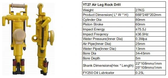 Yt27 Pneumatic Rock Drill Air Leg Jack Hammer for Quarrying Demolition for Mining