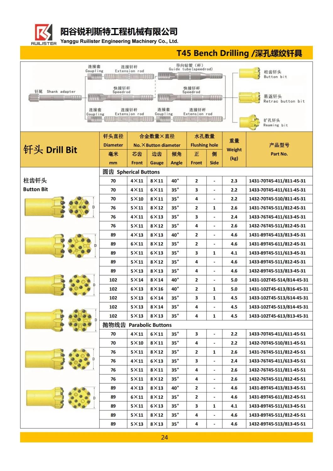 Retrac Bit T45 76mm 89mm 102mm Thread Button Rock Drill Bits