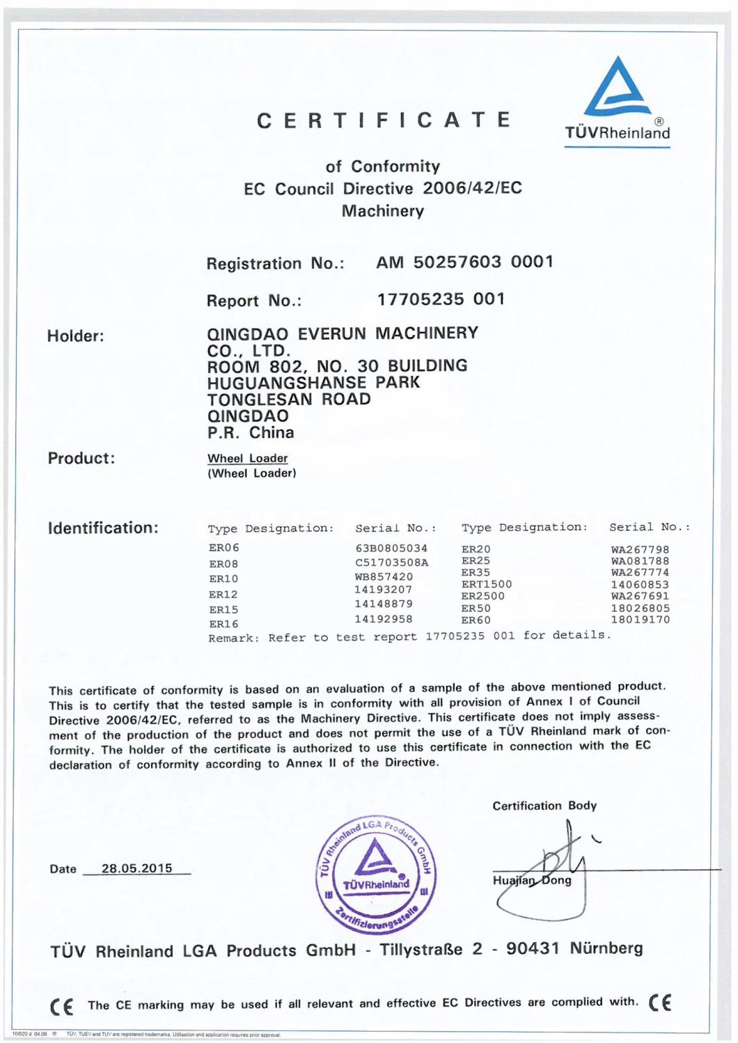 Everun Ce Approved Er06 Wheel Loader Italy Hydrostatic System