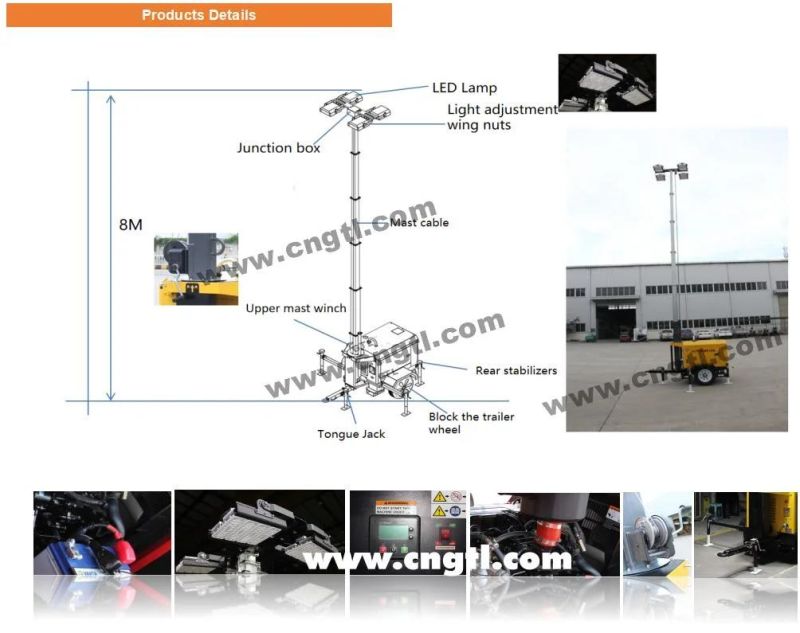 8m LED 360 Degree Manual Portable Lighting Tower with Trailer