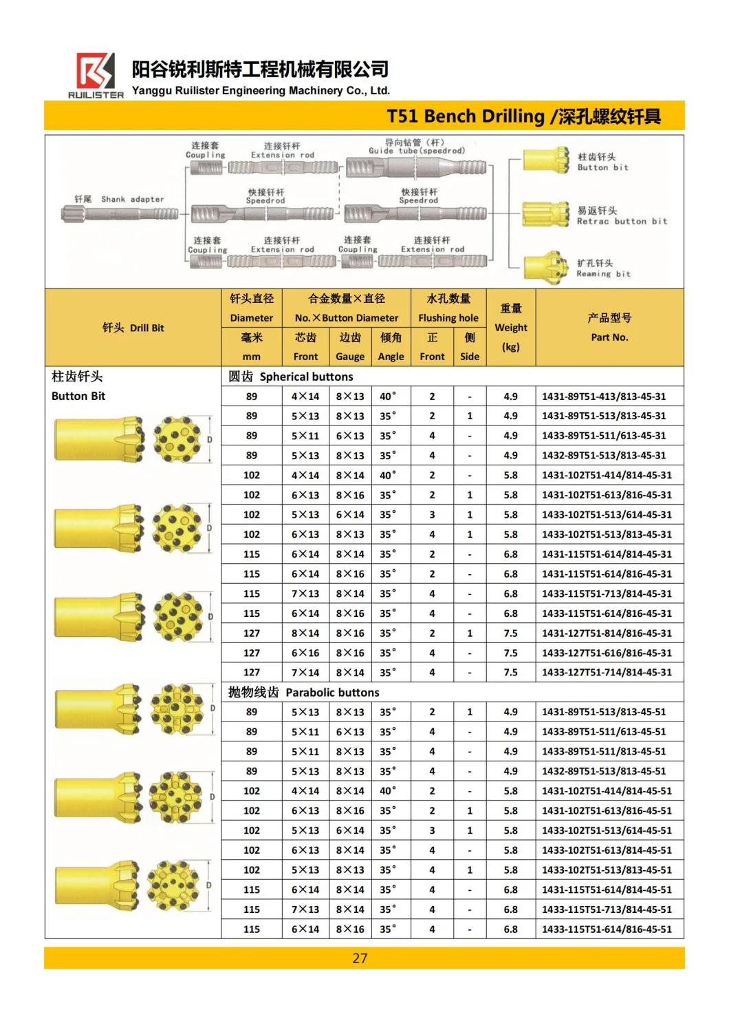 T51 115mm Rock Drill Thread Button Bits Drill Rods for Sale