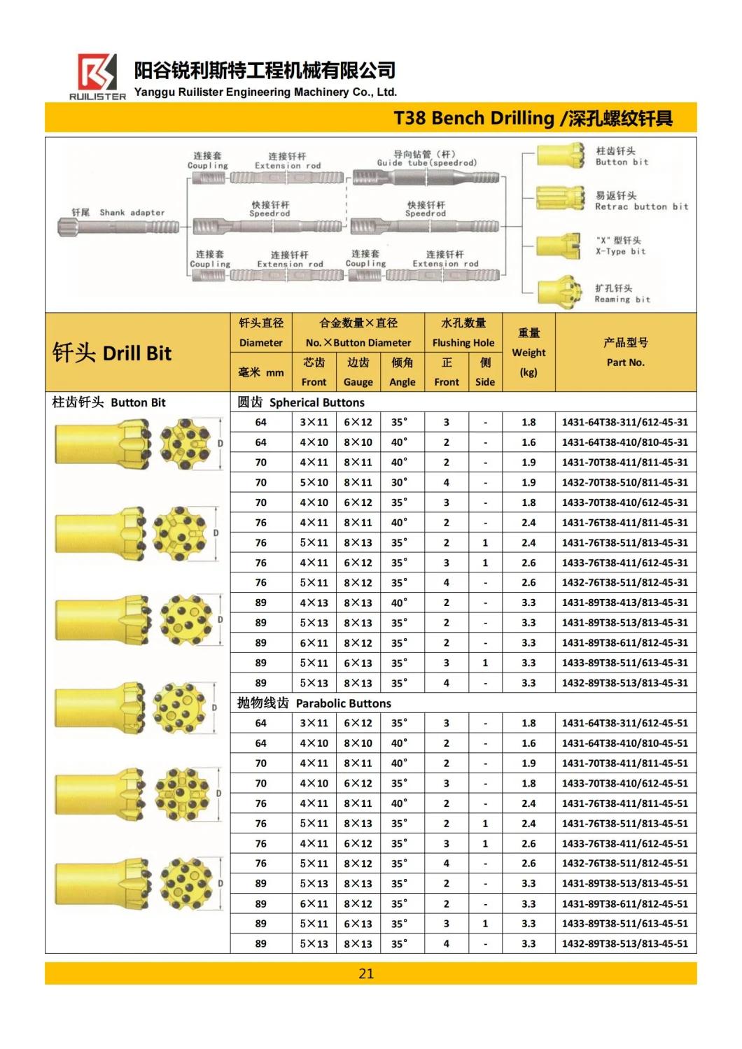 Thread Mining Drill Bit 76mm T38 Button Bits Retract