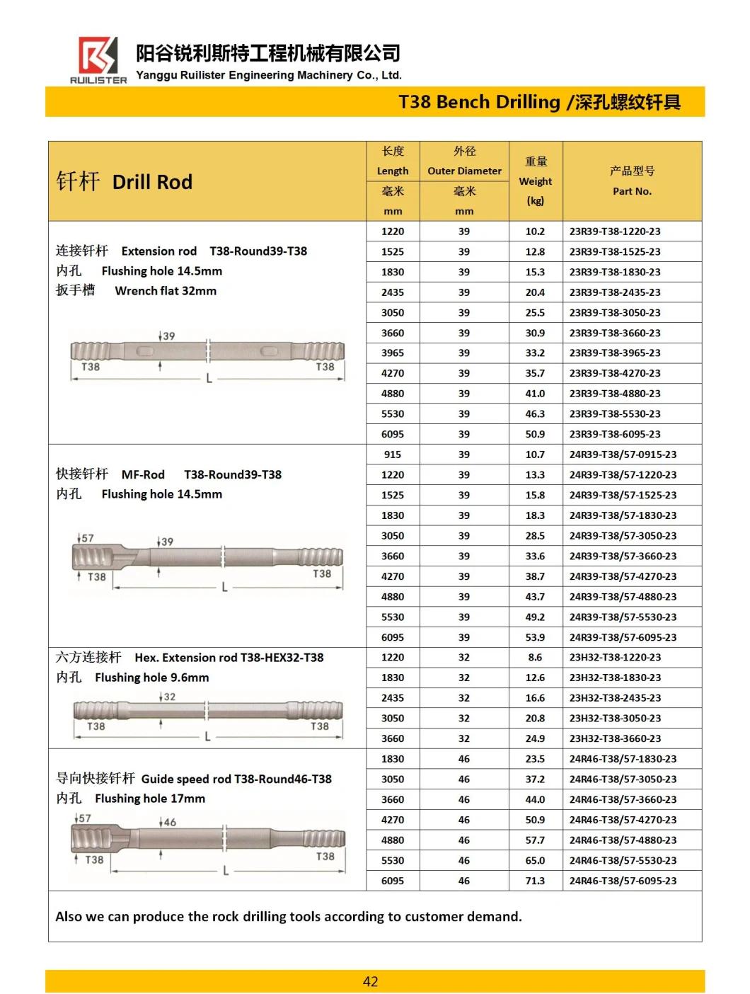 Top Hammer Rock Drilling Tools Mf Drill Rod T38 T45 T51