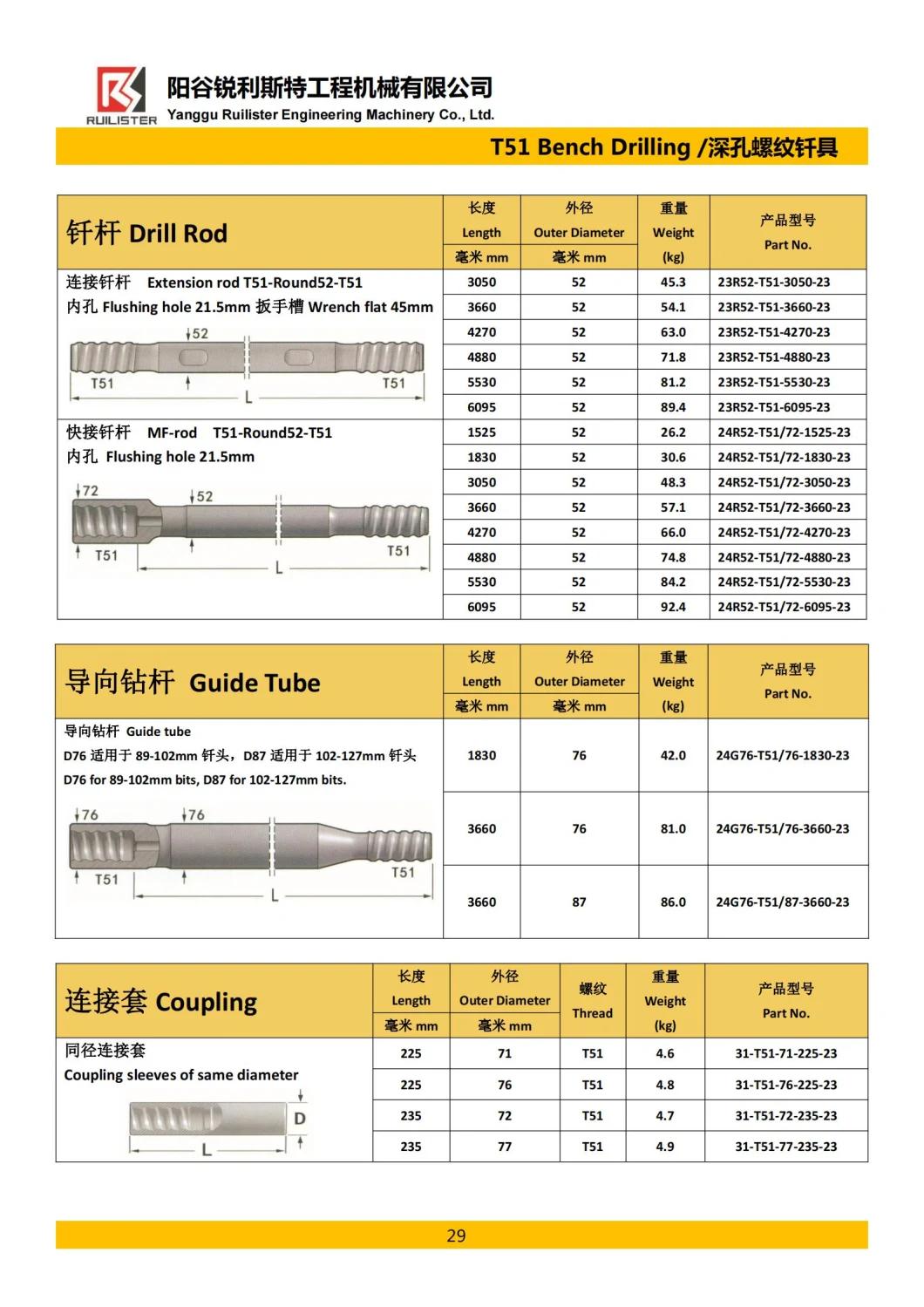 Top Hammer Rock Drilling Tools Mf Drill Rod T38 T45 T51